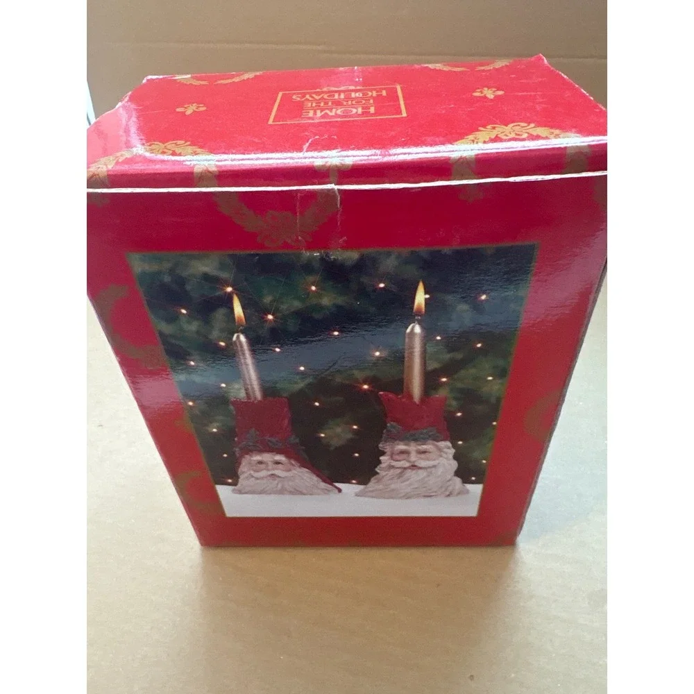 Vintage Set of 2 Santa Claus Face Tree‎ Trunk Candlestick Holders Red Holly